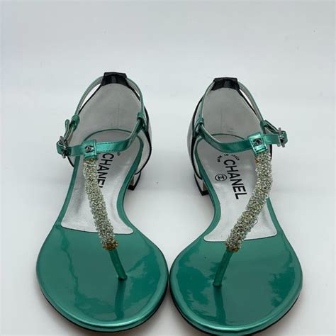 chanel 12p patent green|CHANEL 12P Beaded Thong Ankle Strap Patent Leather Heel.